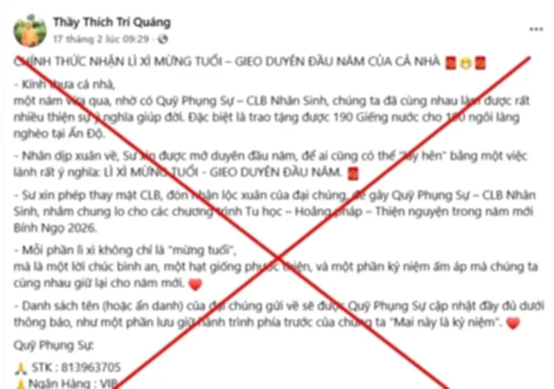 Cảnh báo lừa đảo mạo danh Hòa thượng Thích Trí Quảng kêu gọi quyên góp trực tuyến