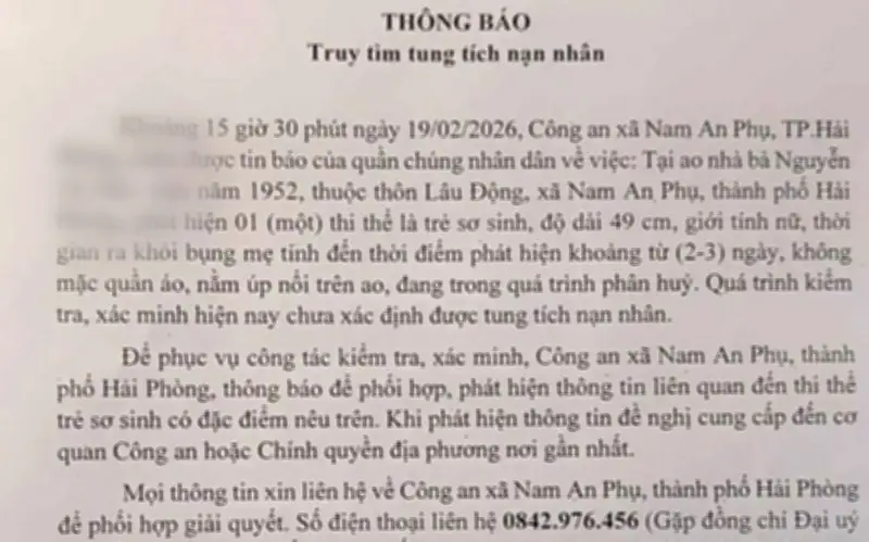 Hải Phòng: Phát hiện thi thể trẻ sơ sinh, công an kêu gọi cung cấp thông tin
