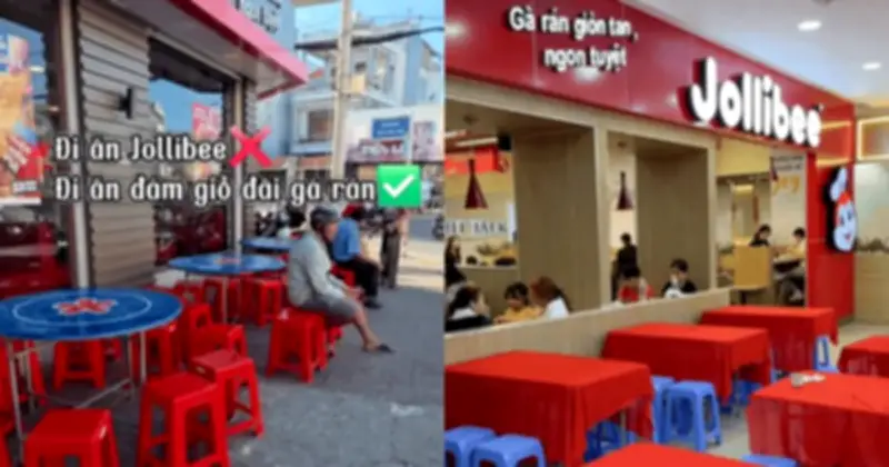 Jollibee Miền Tây Gây Sốt Với Bàn Ghế Inox, Ghế Nhựa Đỏ Giữa Trời