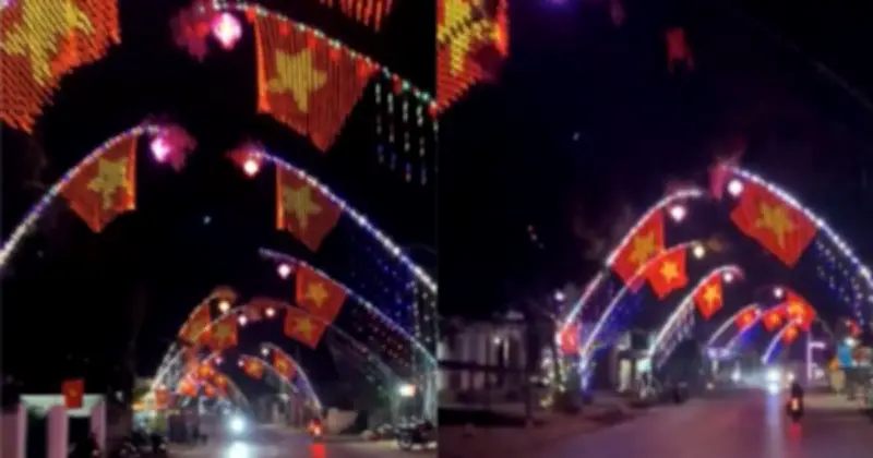 Cây nêu treo đèn LED tạo hình cờ Tổ quốc rực rỡ đón Tết ở Thanh Hóa