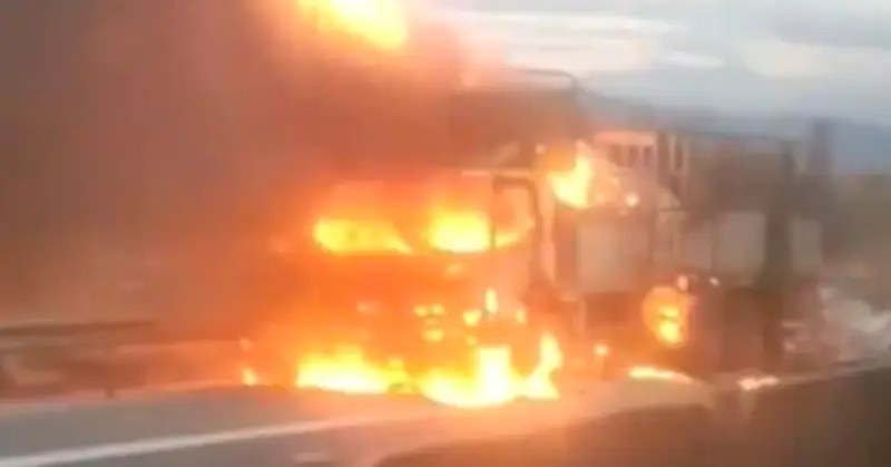 Xe tải bốc cháy dữ dội trên cao tốc Vĩnh Hảo - Phan Thiết, thiêu rụi hoàn toàn
