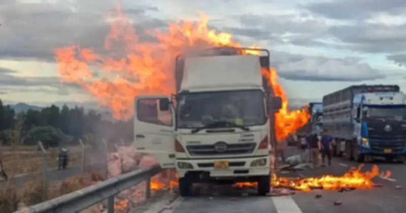 Xe tải bốc cháy dữ dội trên cao tốc Vĩnh Hảo – Phan Thiết, Lâm Đồng