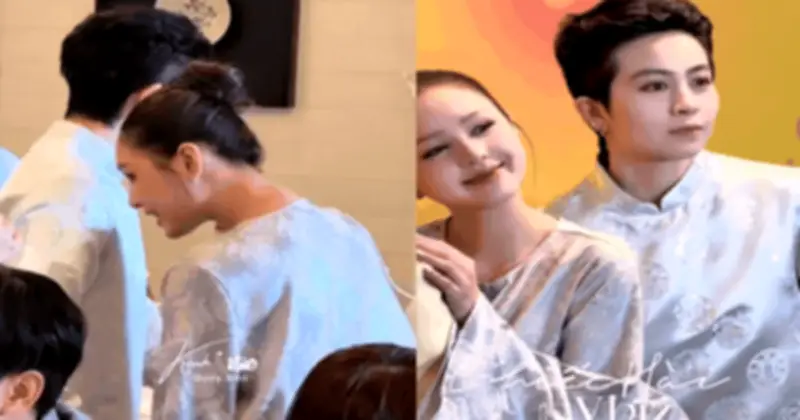 Xoài Non và Gil Lê gây chú ý với trang phục truyền thống đồng điệu tại tiệc cuối năm