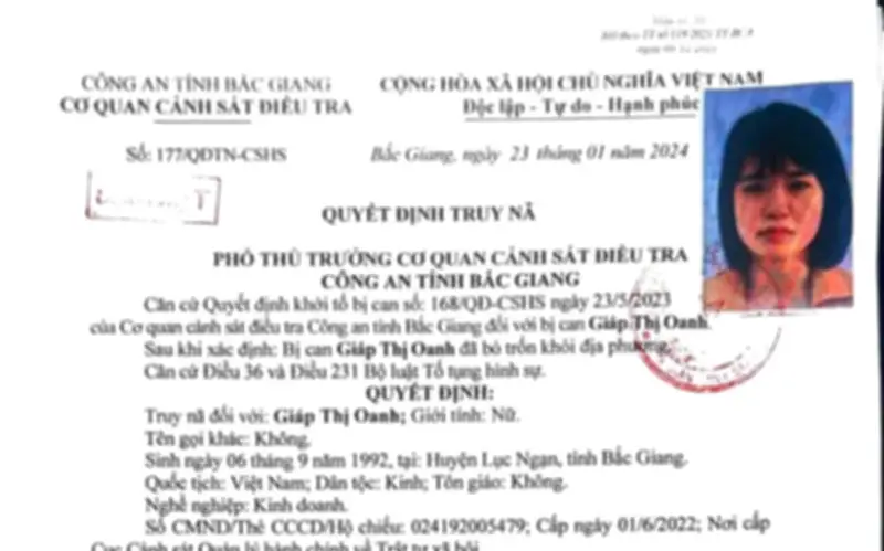 Công An Bắc Ninh Truy Nã Đặc Biệt Nguy Hiểm Đối Tượng Giáp Thị Oanh