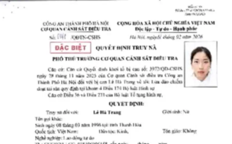 Công An Hà Nội Truy Nã Đối Tượng Lê Hà Trang Về Tội Lừa Đảo Chiếm Đoạt Tài Sản