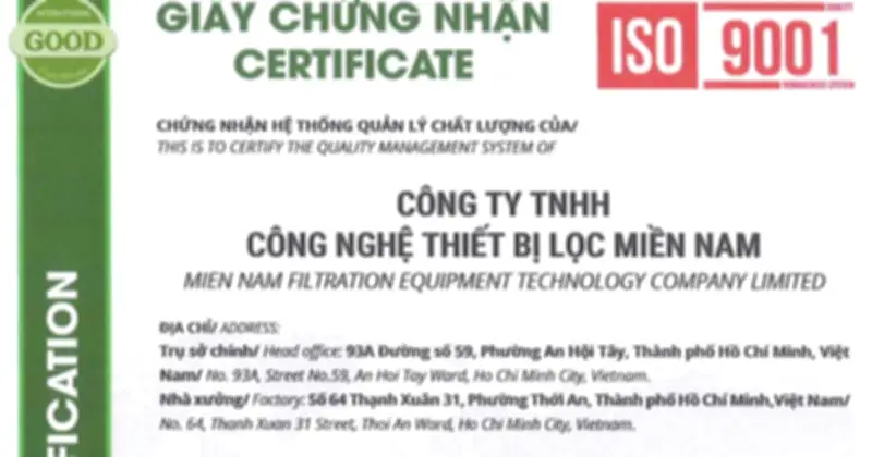 Công nghệ Thiết bị lọc Miền Nam đạt chứng nhận ISO 9001:2015 quốc tế
