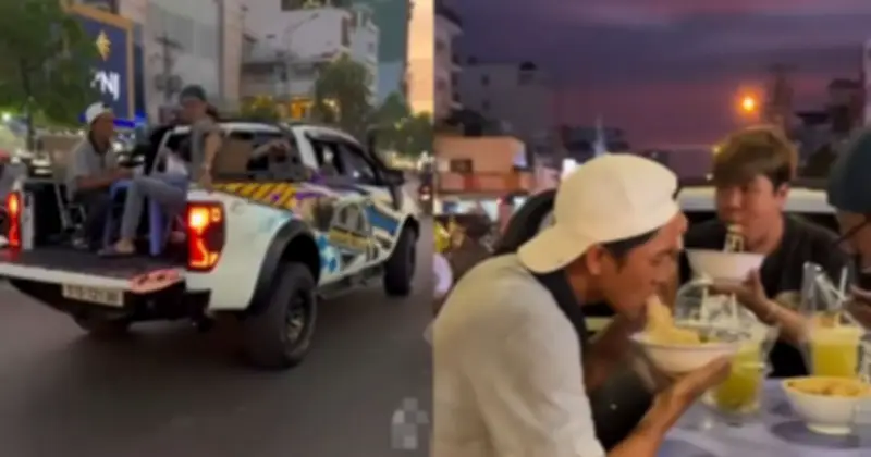 CSGT TP.HCM xử phạt nhóm thanh niên ngồi ăn trên thùng xe bán tải đang lưu thông