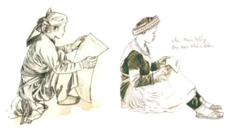 Hai bức ký họa đặc sắc của họa sĩ Văn Bình: Người dân tộc đọc Báo Nhân Dân