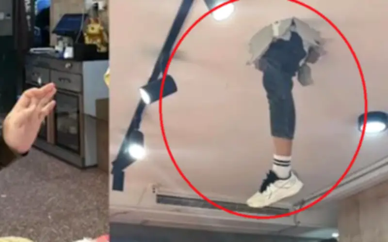 Khách ăn ếch ở Vũ Hán hoảng hồn khi chân nhân viên xuyên trần nhà