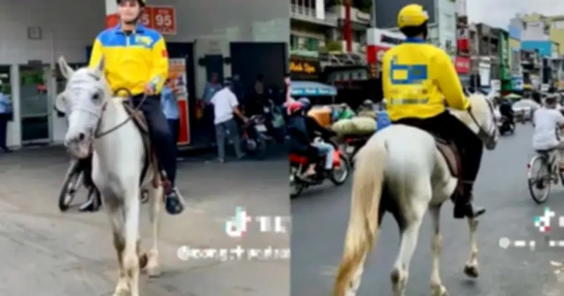 Nam thanh niên mặc áo xe ôm công nghệ cưỡi ngựa đổ xăng gây sốt mạng xã hội