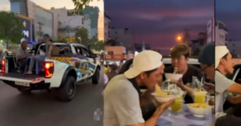 Nhóm thanh niên TP.HCM ngồi ăn uống trên thùng xe bán tải đang chạy gây phẫn nộ