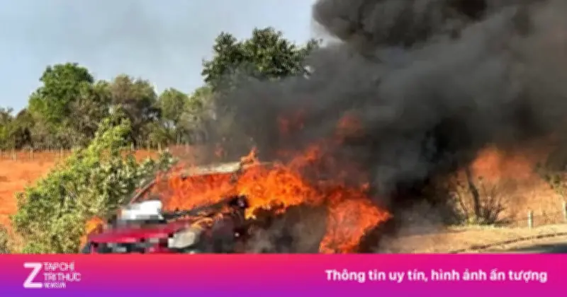Ôtô 5 chỗ bốc cháy dữ dội trên đường ven biển Lâm Đồng, hai người bị thương