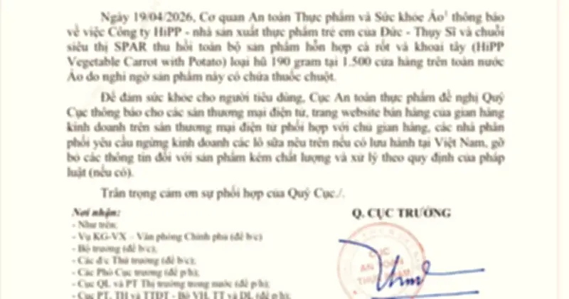 Cục An toàn thực phẩm cảnh báo thu hồi sản phẩm ăn dặm HiPP nghi chứa thuốc chuột