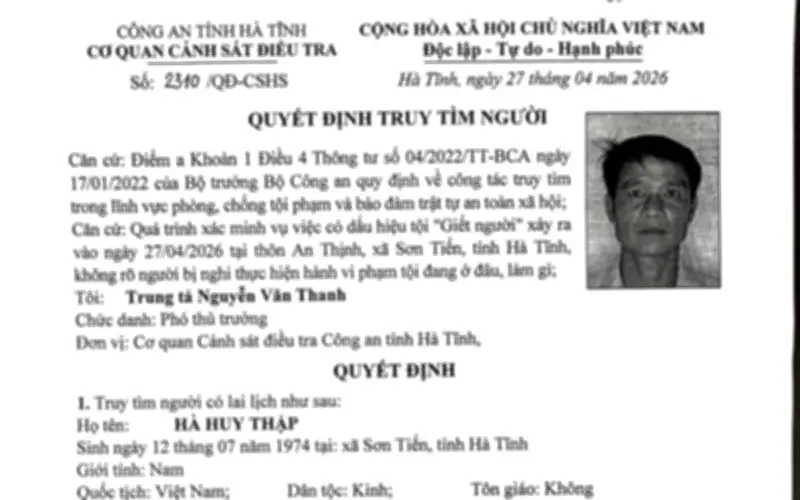 Hà Tĩnh: Truy tìm nghi phạm giết người Hà Huy Thập sau vụ án mạng đêm 27/4