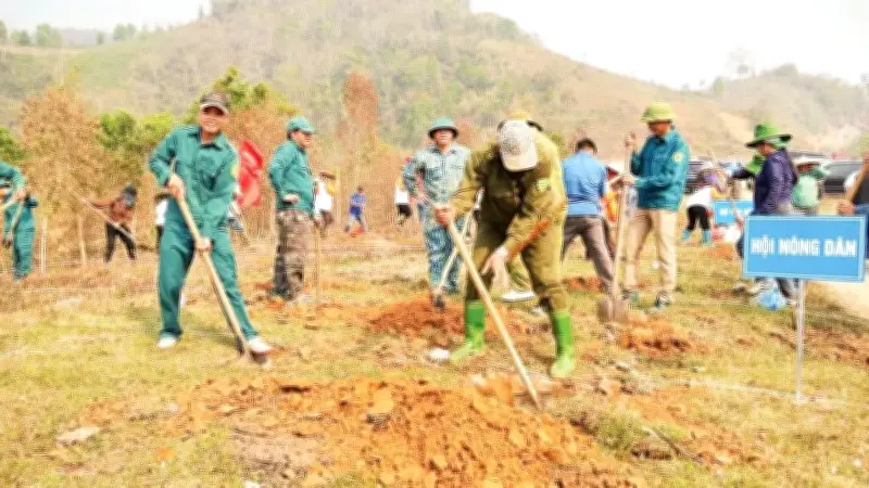 Quân đội Điện Biên hỗ trợ nhân dân đào hố trồng cà phê, mắc ca
