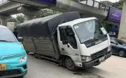 Xe tải bị 'nuốt chửng' bánh sau do sụt lún trên đường Nguyễn Trãi