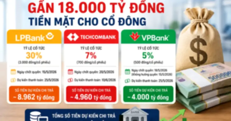 Ba ngân hàng chi gần 18.000 tỷ đồng trả cổ tức tiền mặt trong tháng 5