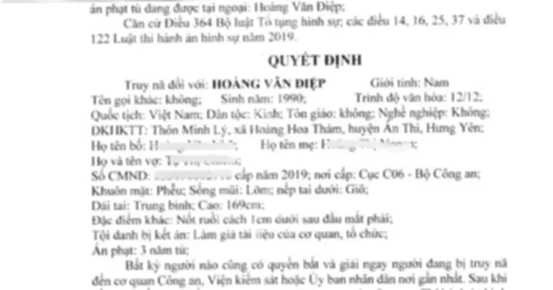 Công an Hưng Yên truy nã đối tượng Hoàng Văn Điệp