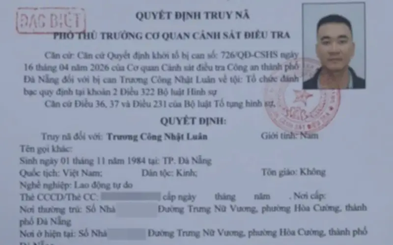 Công an Đà Nẵng truy nã đặc biệt Trương Công Nhật Luận