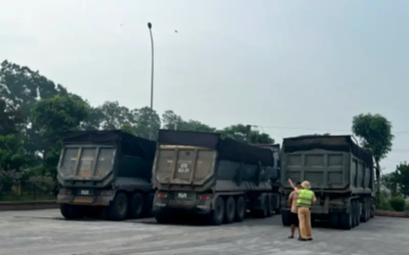 CSGT xử lý nhiều xe chở cát vi phạm trên cao tốc Nghệ An - Ninh Bình