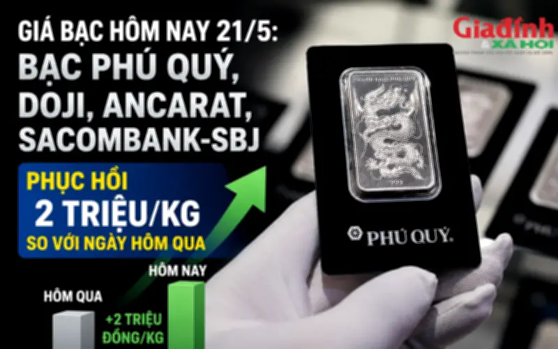 Giá bạc hôm nay 21/5: Phú Quý, DOJI, Ancarat, Sacombank, SBJ phục hồi, tăng 2 triệu/kg