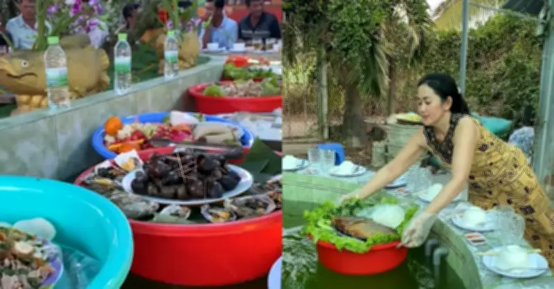 Mâm cỗ độc lạ ở An Giang: Heo quay, bánh tét… bày trên chậu nhựa giữa bể cá
