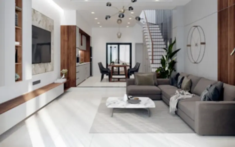 Ý tưởng trang trí phòng khách nhà ống 5m có cầu thang ấn tượng