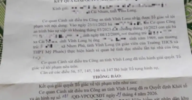 Vụ giáo viên bị tố xâm hại nữ sinh: Khởi tố vụ án giao cấu với trẻ em