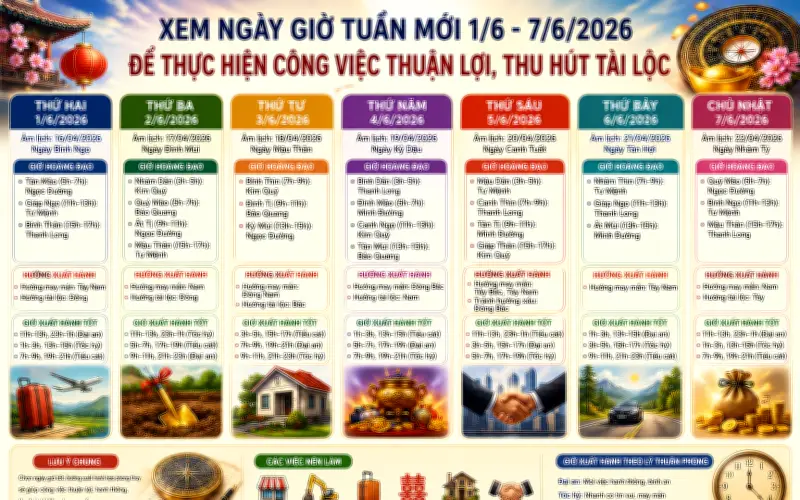 Xem ngay giờ tốt tuần mới 1/6 - 7/6/2026 để thu hút tài lộc