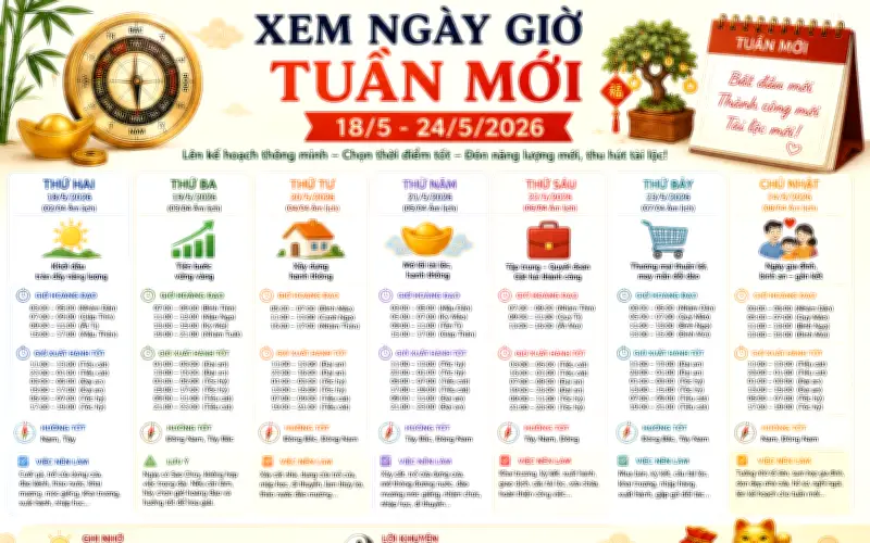 Xem ngay giờ tốt tuần mới 18/5 - 24/5/2026 để thu hút tài lộc