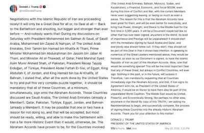 Ông Trump kêu gọi mở rộng Hiệp định Abraham, kêu gọi Iran tham gia