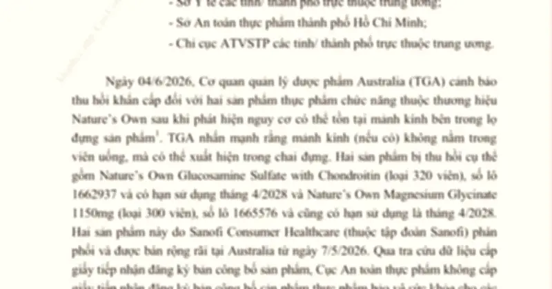 Úc thu hồi khẩn hai sản phẩm thực phẩm chức năng Nature's Own do nguy cơ mảnh kính
