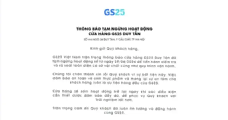 GS25 tạm ngừng hoạt động cửa hàng Duy Tân sau phản ánh vệ sinh