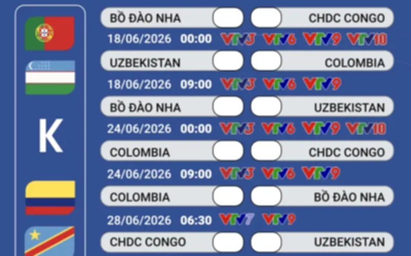 Lịch phát sóng trực tiếp bảng K FIFA World Cup 2026 trên VTV