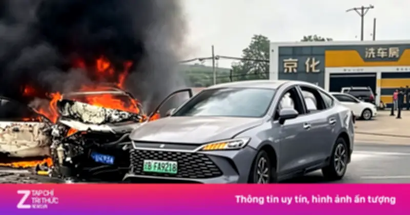 Mazda3 bốc cháy dữ dội sau va chạm với BYD Qin L tại Đại Liên
