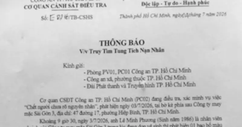 Công an TP.HCM tìm tung tích người phụ nữ tử vong trong bao bố