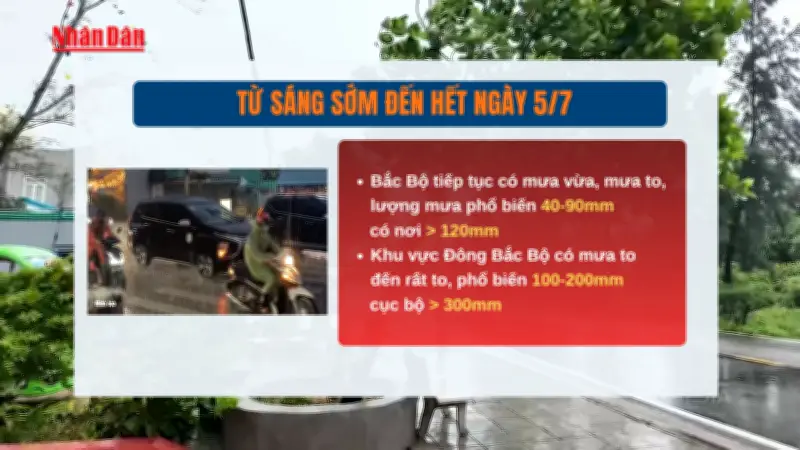 Hoàn lưu bão gây gió mạnh, mưa lớn ở Bắc Bộ ngày 5/7