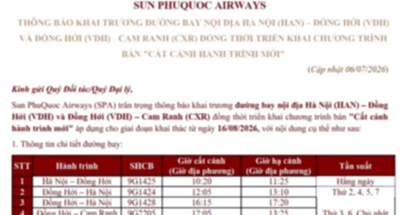 Sun Phu Quoc Airways mở đường bay Đồng Hới - Cam Ranh từ tháng 8