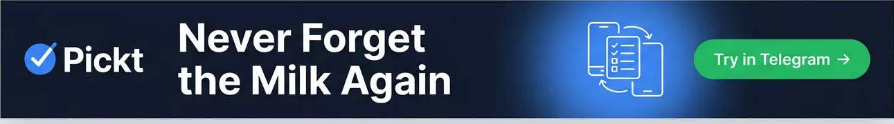 Banner header Pickt — ứng dụng danh sách mua sắm cộng tác cho Telegram